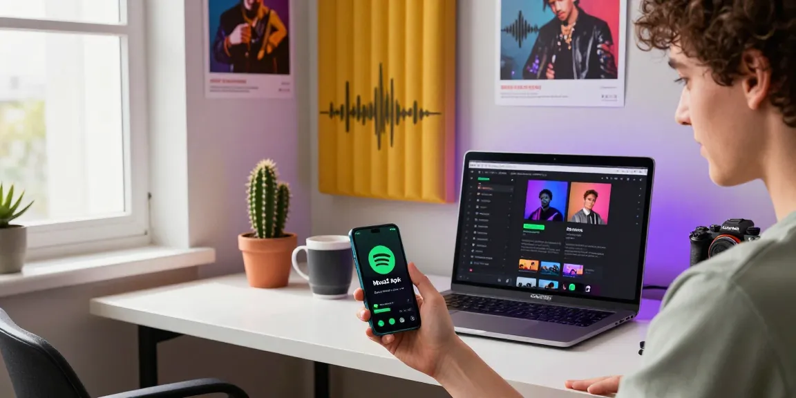 Young adult enthusiastically downloading spotify mod apk on a smartphone in a vibrant tech workspace.