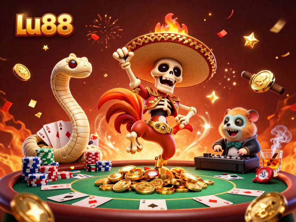 Experience thrilling wins at LU88 with an exciting casino scene featuring lively characters.