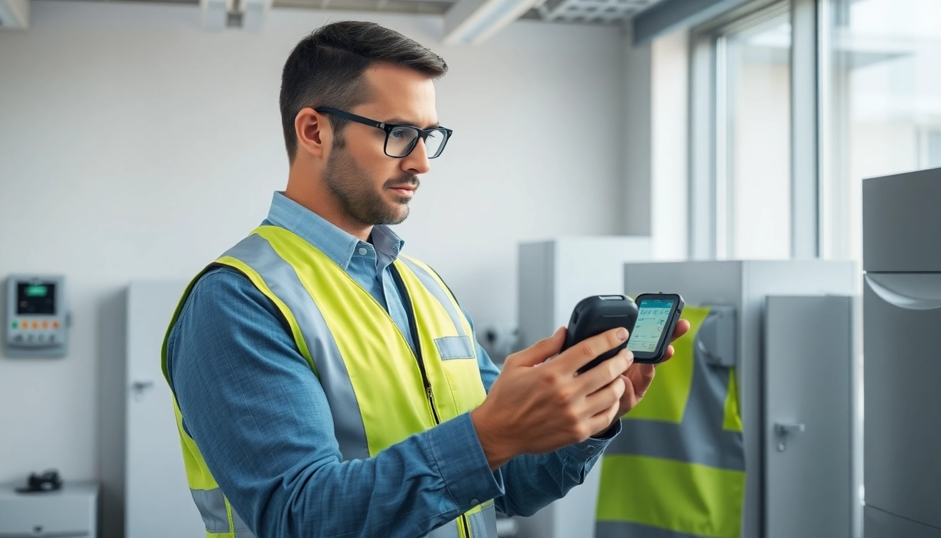 Techniker führt eine DGUV V3 Prüfung durch und überprüft elektrische Geräte auf Sicherheit.