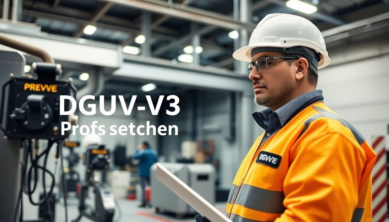 Conducting a detailed DGUV V3 Prüfung with safety gear in an industrial environment, emphasizing precision and diligence.