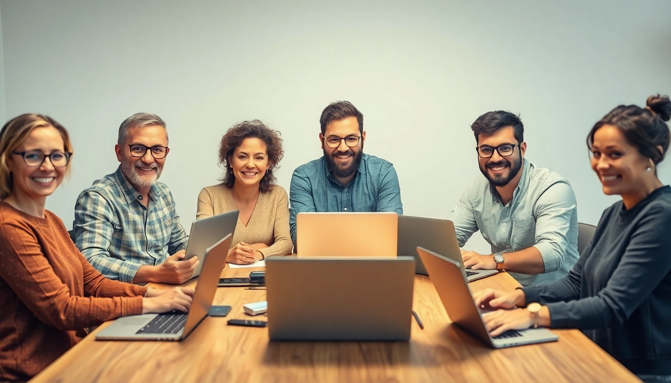 Menschen durchsuchen Stellenangebote am Laptop mit freundlicher Atmosphäre und Motivation.