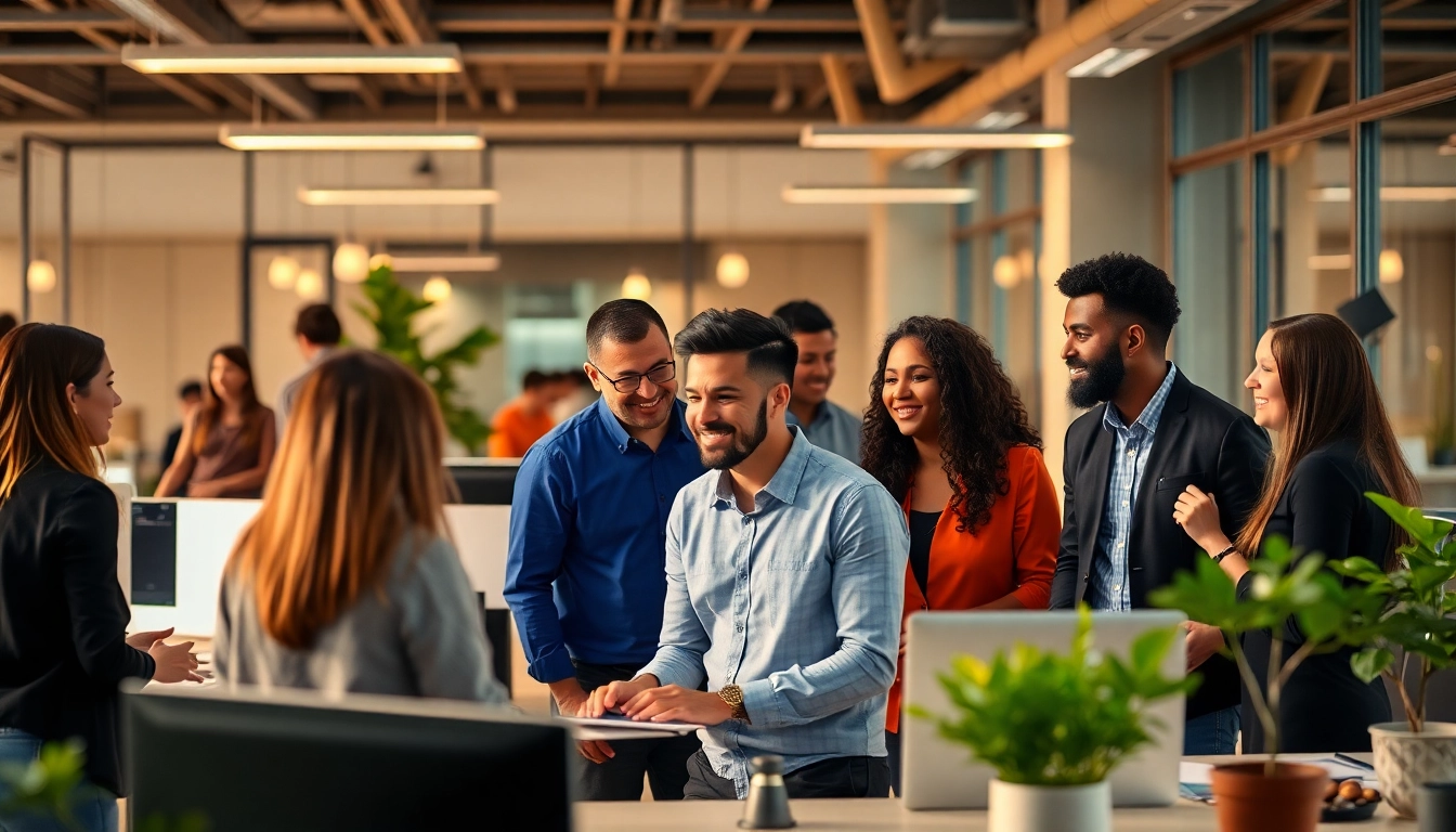 Explore Stellenangebote in a bright, collaborative office setting with diverse professionals engaged in teamwork.
