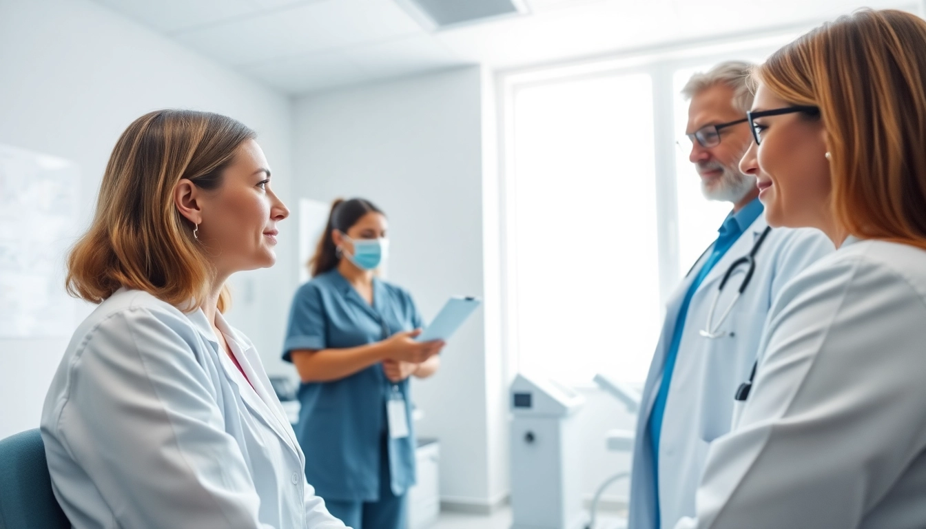 Besprechung über driada medical Produkte in einer modernen Klinik mit einem Arzt und einem Patienten.