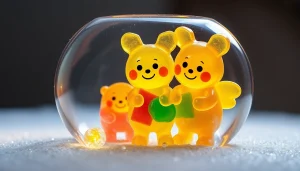 Genießen Sie leckere THC Gummies in bunten Farben auf einem eleganten Glasteller mit angenehmem Licht.