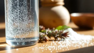 Kolloidales Silber kaufen: A bottle of colloidal silver with sparkling particles against a natural background.