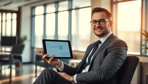 Beratung von Headhunter Schweiz mit modernem Büro und Tablet in der Hand.