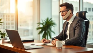 Headhunter spricht dynamisch am Telefon inmodernem Bürosetting.