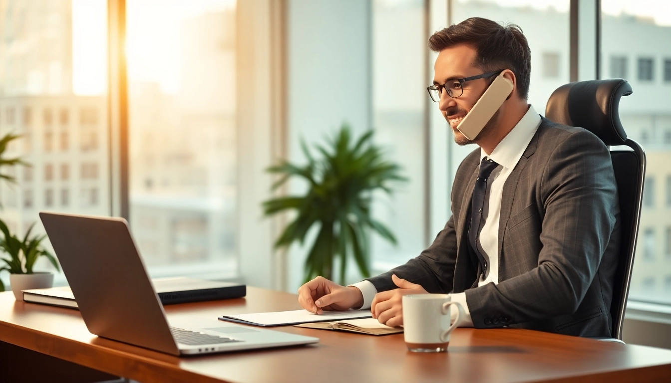 Headhunter spricht dynamisch am Telefon inmodernem Bürosetting.