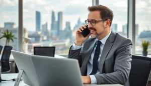 Headhunter Frankfurt am Telefon im modernen Büro über die Skyline von Frankfurt blickend.