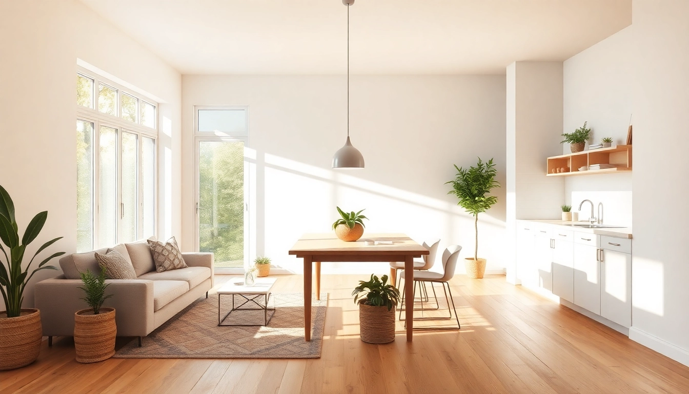 Inspirierende Raumgestaltung einer offenen Wohnküche mit modernem, skandinavischem Design und viel natürlichem Licht.