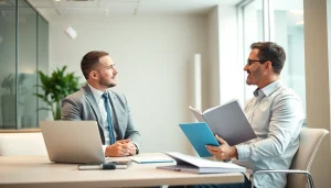 Headhunter Zahnmedizinische Fachangestellte im Gespräch mit einem Fachangestellten in einem modernen Büro.
