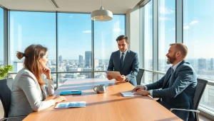 Headhunter CEO berät Kandidaten an einem Konferenztisch mit einem Tablet.
