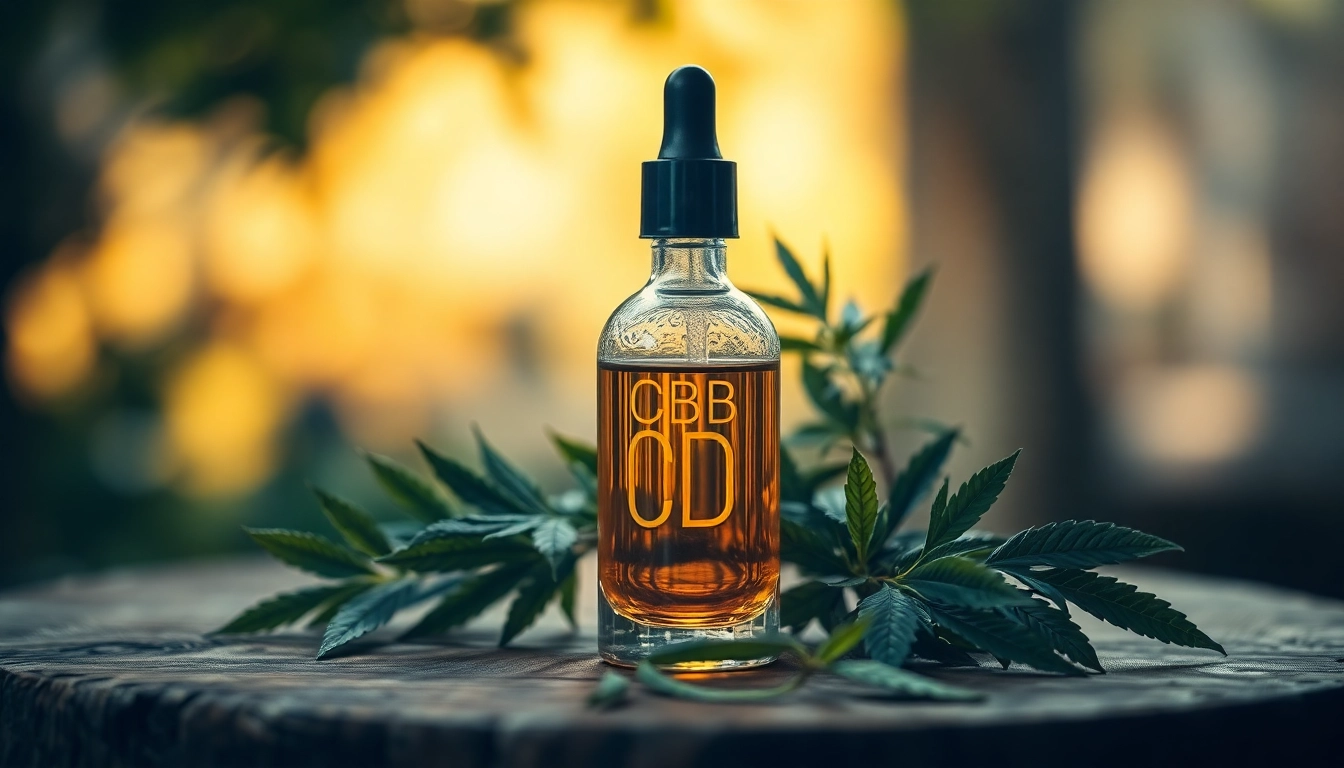 Erleben Sie Wirkung hochwertiges cbd öl in einem eleganten Glasfläschchen, umgeben von Hanfblättern.