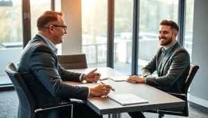 Personalvermittlung in einem modernen Büro, wo Berater und Kandidat konstruktiv sprechen.