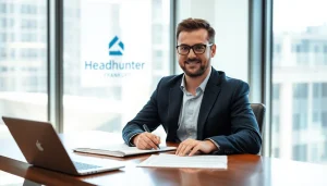 Professioneller Headhunter Frankfurt am Schreibtisch, umgeben von Bewerbungsunterlagen und Laptop.