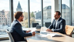 Das Bild zeigt einen Headhunter Dresden in einem dynamischen Gespräch mit einem Mandanten in einem modernen Büro: