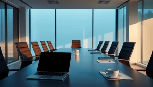Professionelle Besprechung in einer Headhunter Agentur mit Laptops und Notizen am Konferenztisch.