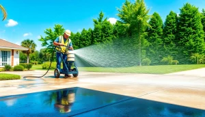 Driveway pressure wash service transforming a concrete driveway to a clean finish in Kissimmee, FL.