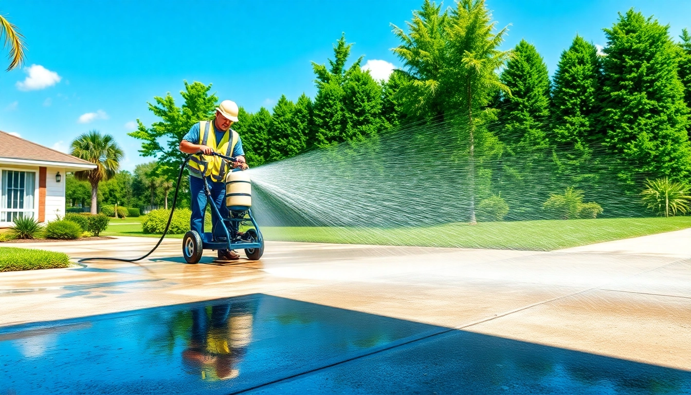 Driveway pressure wash service transforming a concrete driveway to a clean finish in Kissimmee, FL.