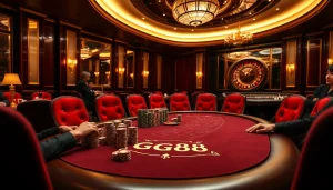 Players experiencing high-stakes excitement at GG88's professional poker table in a luxurious casino setting.