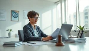 Zertifizierter Übersetzer, vereidigter Übersetzer, in einem modernen Büro mit Dokumenten und einem Laptop.
