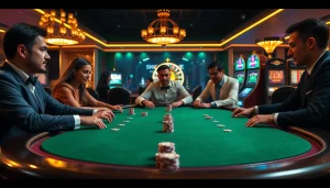 Excited players at an S8-themed casino table as they engage in a thrilling poker game.