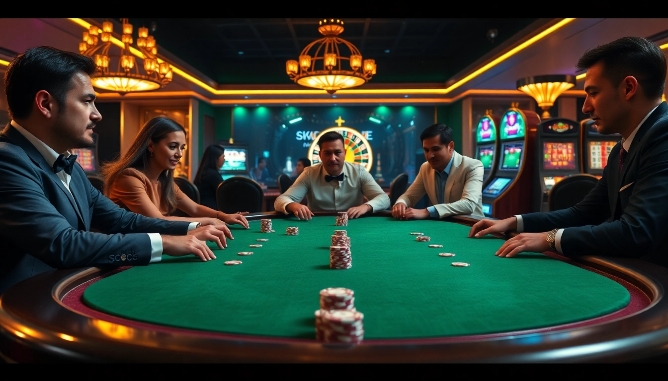 Excited players at an S8-themed casino table as they engage in a thrilling poker game.