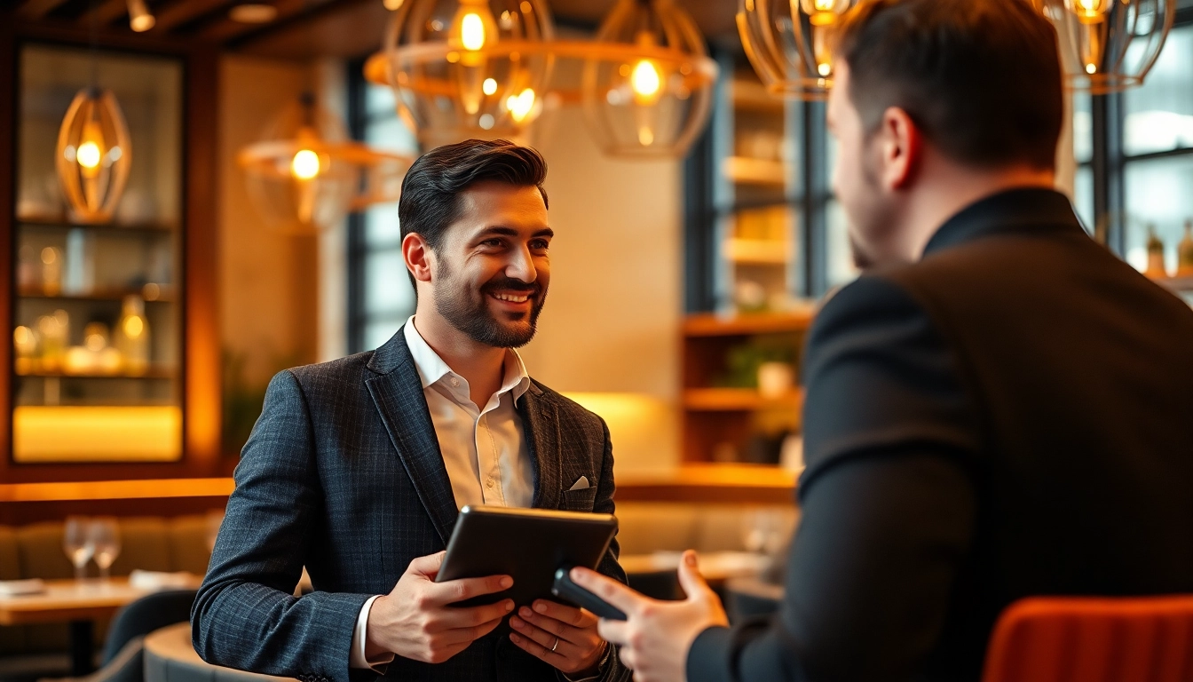 Der Headhunter Gastronomie erklärt Bewerbern den Rekrutierungsprozess in einem stilvollen Restaurant.