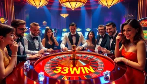 Experience the excitement of 33WIN at a glamorous roulette table, where players engage in thrilling bets.