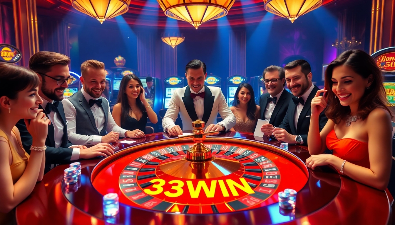 Experience the excitement of 33WIN at a glamorous roulette table, where players engage in thrilling bets.