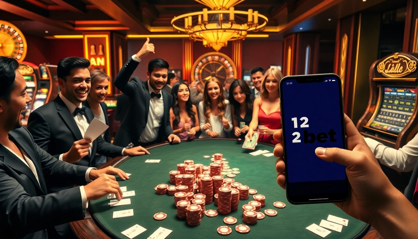 Players enjoying games at a casino table, featuring link 12bet on a smartphone for an immersive gambling experience.