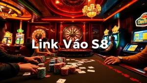Engage in thrilling gambling action with Link Vào S8, featuring vibrant casino tables and colorful chips.