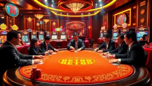 Engage in high-stakes poker action at BET88's luxurious casino tables, surrounded by vibrant slots.