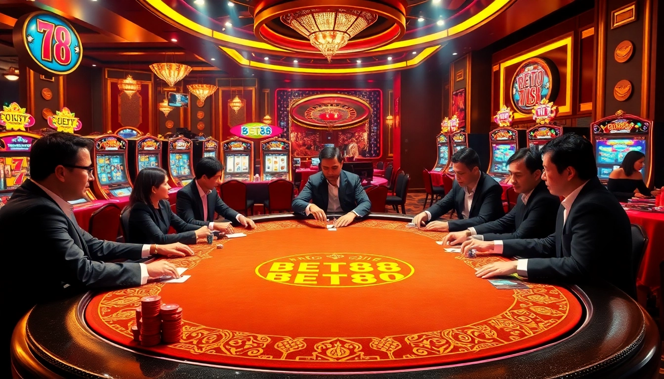 Engage in high-stakes poker action at BET88's luxurious casino tables, surrounded by vibrant slots.