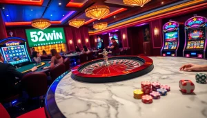 Engage with the thrill of 52WIN gambling at a luxurious casino table filled with chips and a spinning roulette.