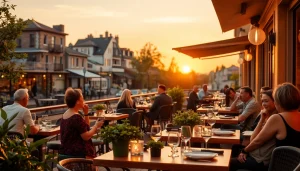Leckeres Essen unter freiem Himmel in einem Restaurant in der Nähe mit einladender Terrasse.