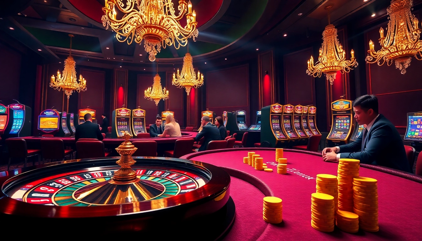 A thrilling casino scene at https://rr88.se.net/, showcasing professional gamblers at poker and roulette tables.