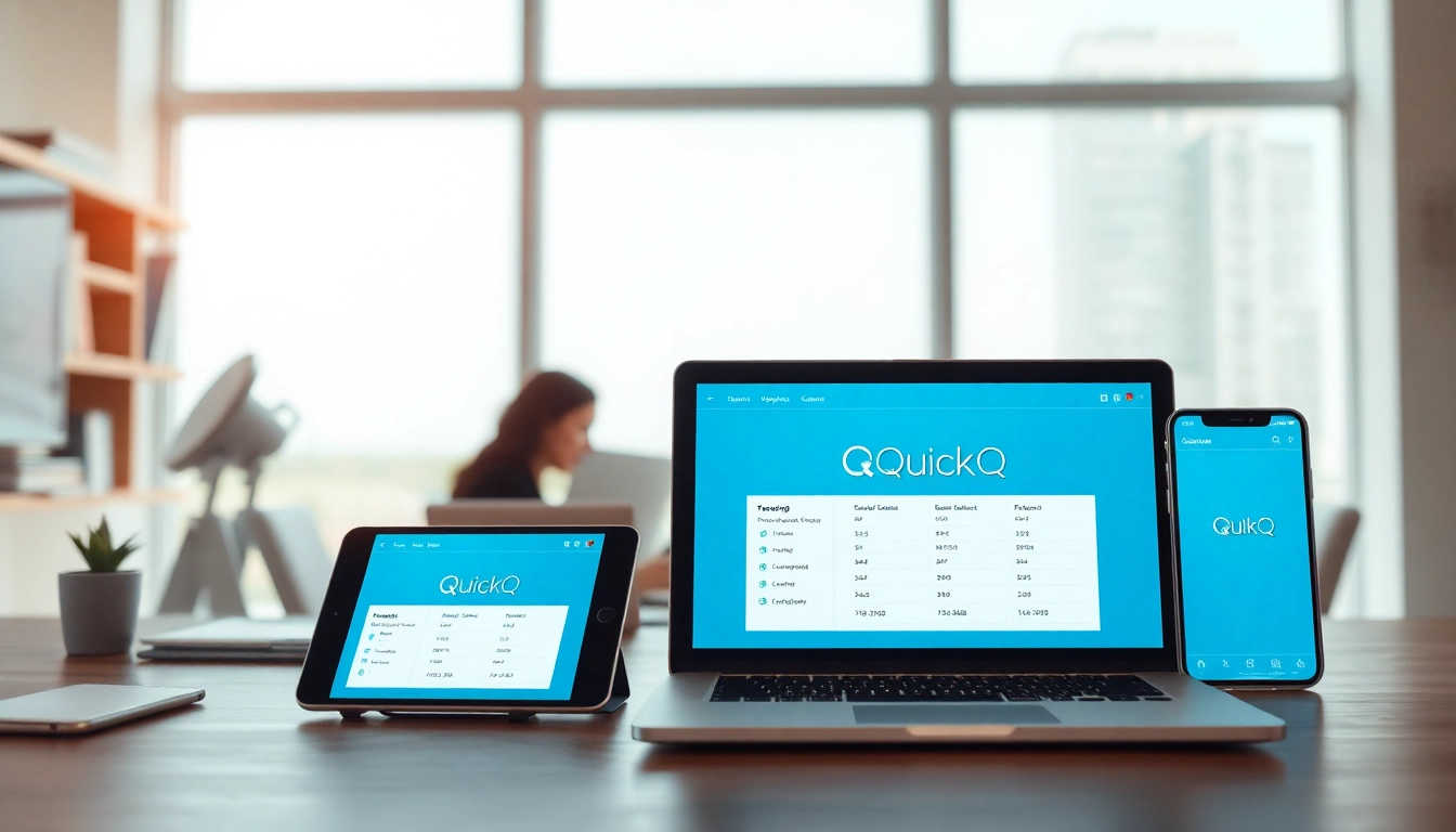 在多设备上显示的 QuickQ下载 界面，呈现安全高效的在线访问。