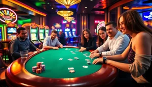 Players enjoying high-stakes poker at B52club casino with vibrant slot machines.