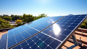 Photovoltaikanlage Kaufen Wien: Hochwertige Solarpanels auf einem urbanen Dach unter blauen Himmel.