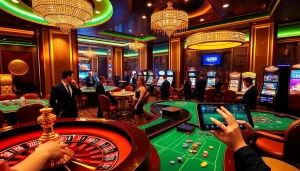 Exciting casino atmosphere at https://gk88.city/ with players at roulette and poker tables, showcasing vibrant online gambling elements.