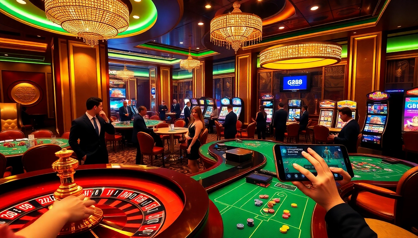 Exciting casino atmosphere at https://gk88.city/ with players at roulette and poker tables, showcasing vibrant online gambling elements.