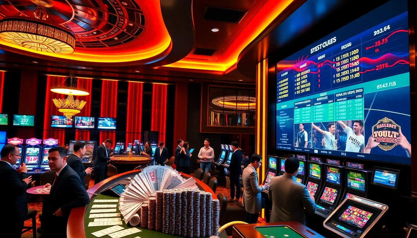 Scene showcasing kèo nhà cái 5 with dynamic sports betting activity and luxurious casino elements.