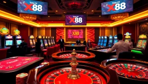 Experience high-stakes gaming at Trang chủ X88 with exciting casino tables and vibrant slot machines.