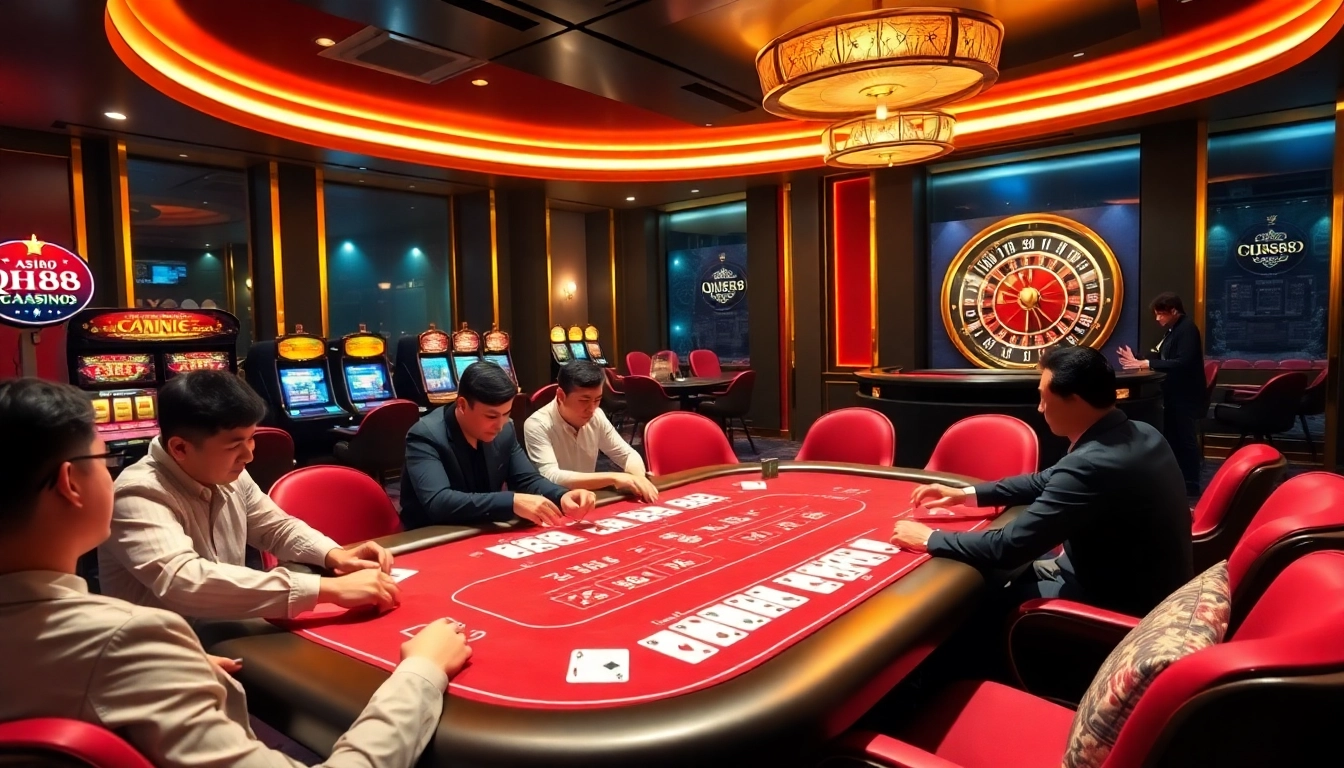 Action-packed scene at QH88 Casino featuring poker gameplay, slot machines, and roulette.