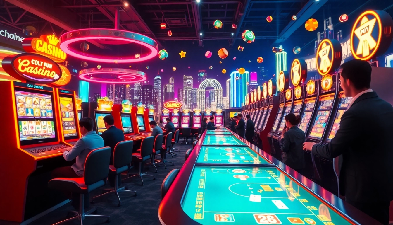 Az online kaszinó izgalmas légköre a virtuális játékasztalokkal, energikus megvilágítással.