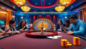 Exciting gaming scene at 88i nhà cái with roulette, poker, and digital gambling interfaces.