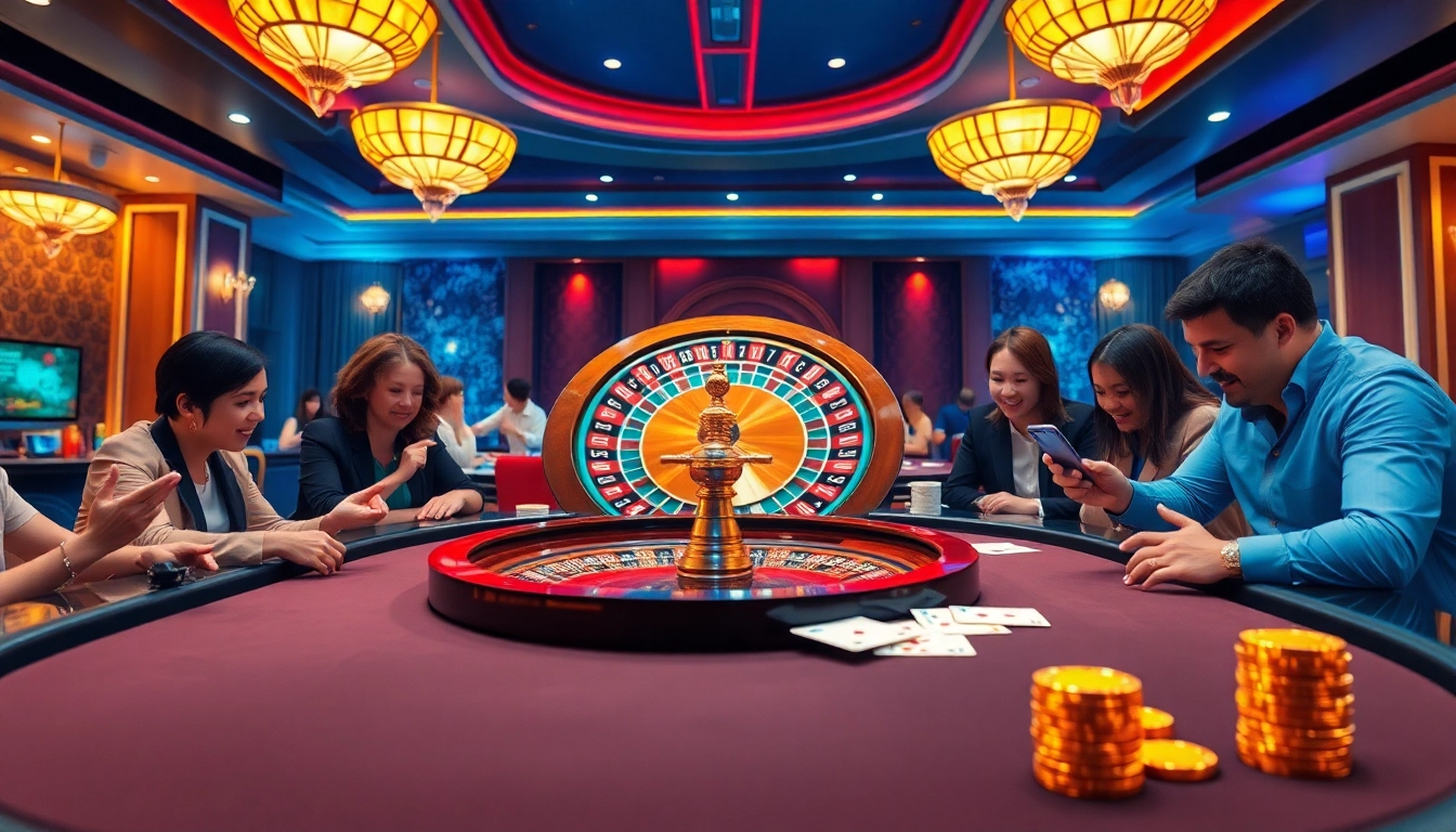 Exciting gaming scene at 88i nhà cái with roulette, poker, and digital gambling interfaces.