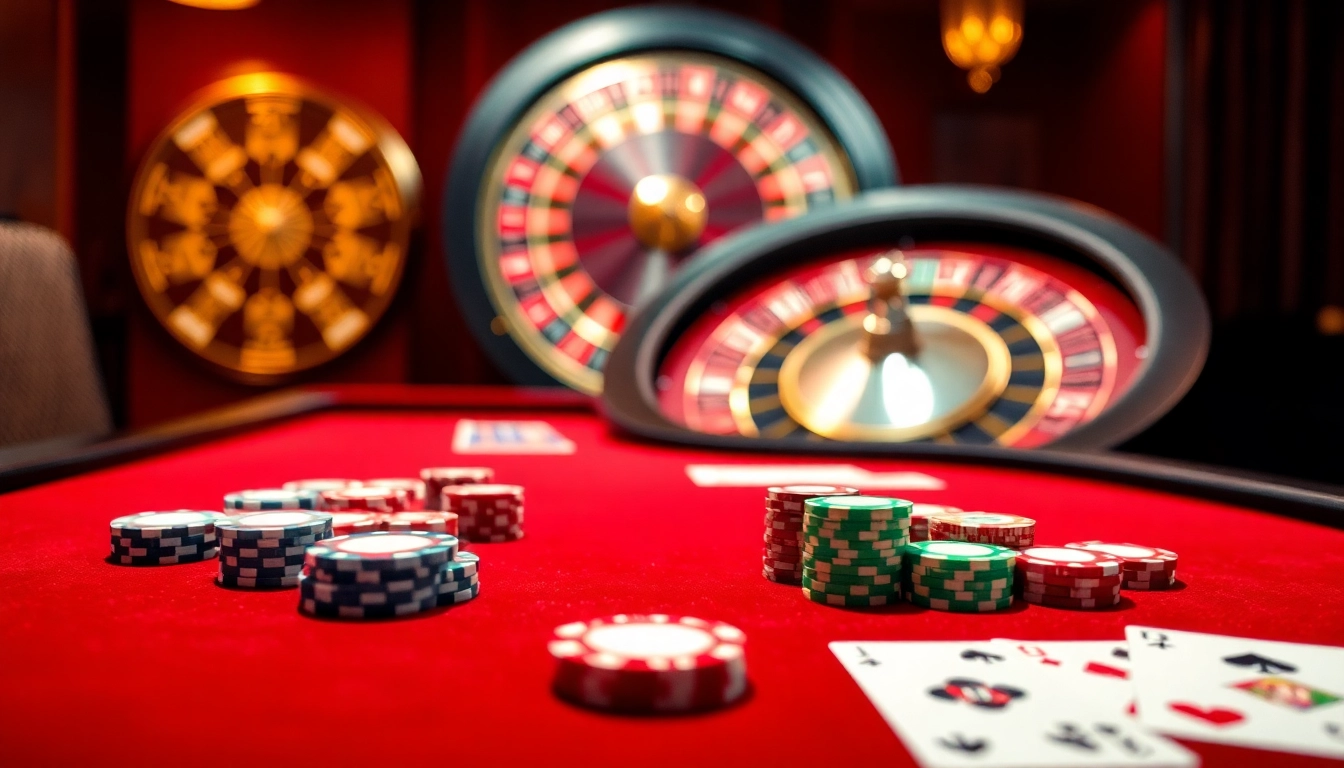 Cảnh casino đầy phấn khích hiển thị các chip poker và lá bài mang chủ đề LUCK8 trên bàn chơi sang trọng.