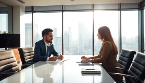 Beratungssituation mit einem Headhunter Schweiz in einem modernen Büro, vertrauensvolle Atmosphäre.